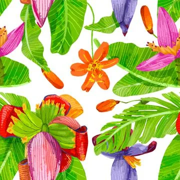 Tropical exotic seamless pattern with floral banana palm beach tree. Stock Illustration