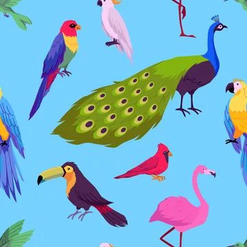 Tropical fauna vector seamless pattern on blue, exotic jungle hummingbird Stock Illustration
