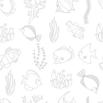 Tropical fish and algae seamless pattern on white background, vector Illustrazione stock