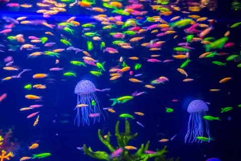 Tropical fish with corals and algae in blue water. Beautiful background of th Stock Photos
