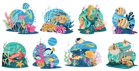 Tropical fish set in flat design. Includes lionfish, butterflyfish, Pufferfis Stock Illustration
