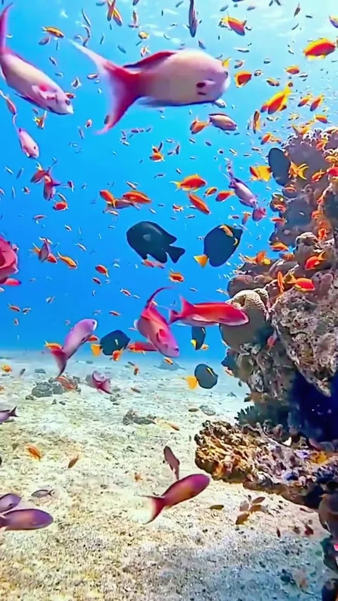 Tropical Fish Swimming Over Sandy Sea Floor and Reef Patch Stockbeeldmateriaal 337639672