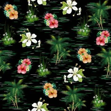Tropical Floral Pattern on Black Background. Leaves and flowers print of fabric. Illustrazione stock