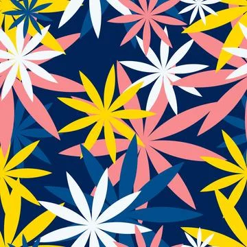 Tropical floral print on dark bright flowers, Color cannabis pattern. Vector Stock Illustration