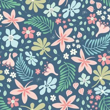 Tropical flower and leaf pattern design. Vector nature seamless repeat. Stock Illustration