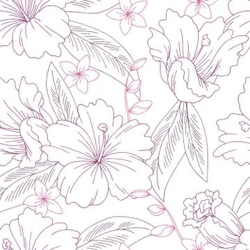 Tropical flower graphic seamless pattern background pink color sketch illustrati Stock Illustration