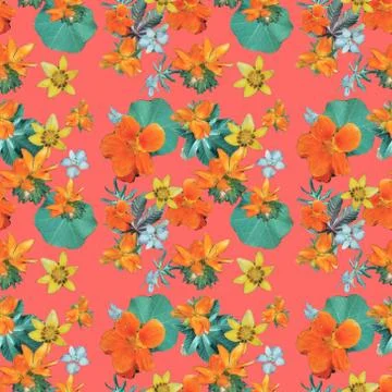Tropical flower seamless pattern wallpaper summer plant leaves in trendy style Stock Illustration