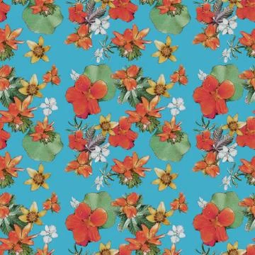 Tropical flower seamless pattern wallpaper summer plant leaves in trendy style Stock Illustration