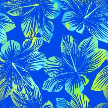 Tropical flowers blue seamless pattern with watercolour effect Stock Illustration