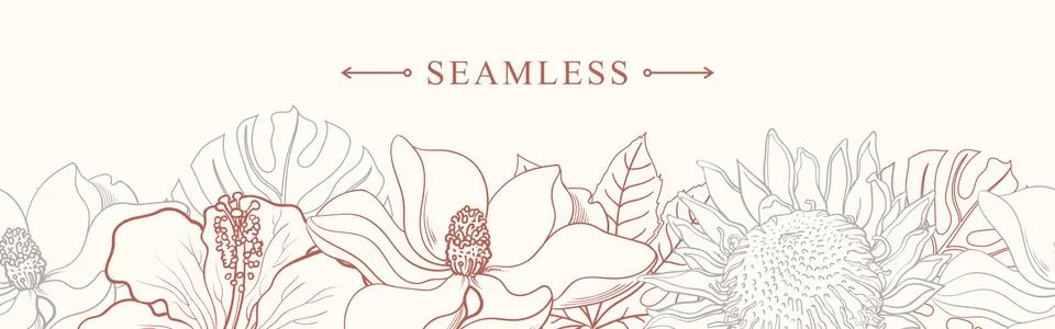 Tropical flowers border seamless pattern in sketch style on white background. 스톡 일러스트