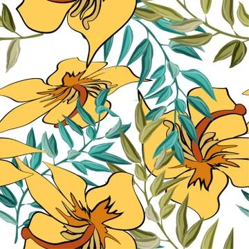 Tropical flowers with leaves seamless pattern. Stock Illustration