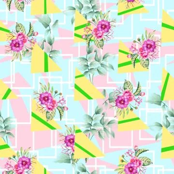 Tropical flowers seamless pattern with geometric shapes. Leaves. Triangles. Stock Illustration