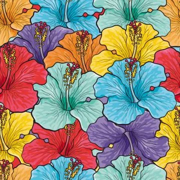 Tropical flowers seamless pattern with sketch multicolor hibiscus. Illustrazione stock