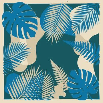 Tropical Foliage Pattern with Blue and Beige Leaves on Dark Teal Background. Stock Illustration