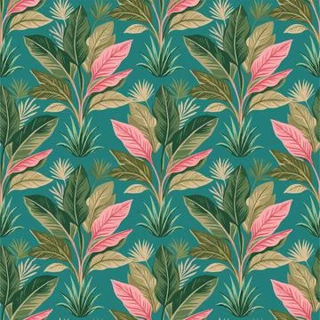 Tropical Foliage Pattern with Pink and Green Leaves on Teal Background. Stock Illustration
