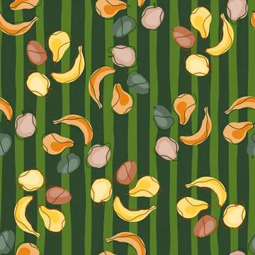 Tropical food abstract seamless pattern with colorful bananas, plums, pears a Stock Illustration