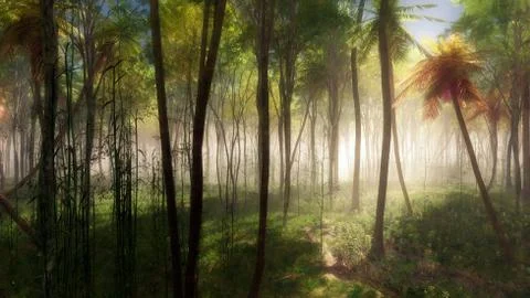 Tropical forest with palm trees in mist. Stock Illustration