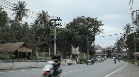 Tropical Forest in Samui Island, Amazing Thailand, Palm Tree, Traffic Car, Road Stock Footage