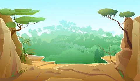 Tropical forest. Stone cliffs and stones of mountains. Landscape of southern  Stock Illustration