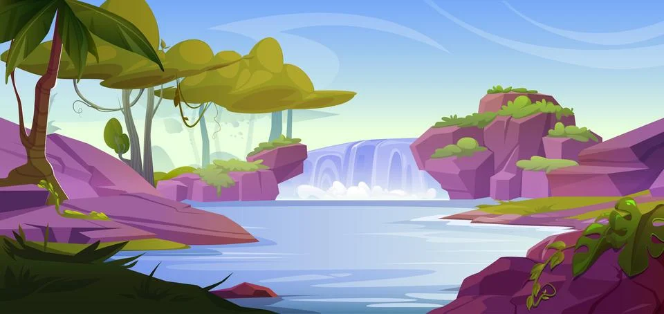 Tropical forest with waterfall cascade Stock Illustration