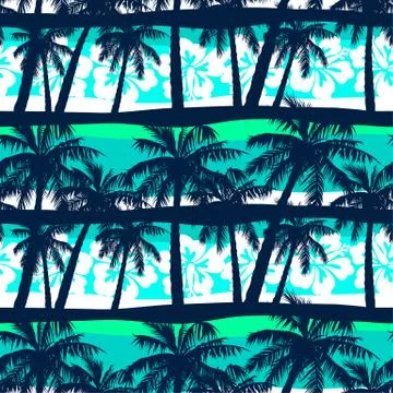 Tropical frangipani with palms seamless pattern Stock Illustration