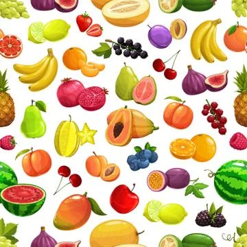 Tropical fruit and berries pattern background Illustrazione stock