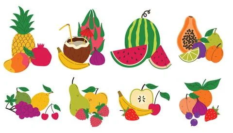 Tropical fruit compositions set. Summer juicy food still life collection. Stock Illustration