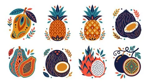 Tropical Fruit Folk Art Bundle Vector Illustration Stock Illustration