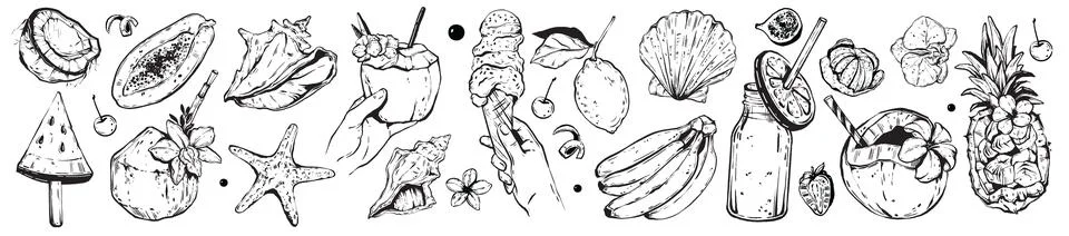 Tropical fruit icon set, vector summer vacation hand drawn illustration Illustrazione stock