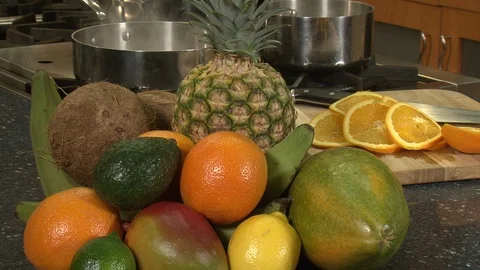 Tropical Fruit Kitchen Counter Display Stock Footage 95796377