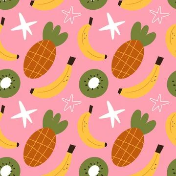 Tropical fruit pattern, banana, pineapple and kiwi fruit illustrations on pink Stock Illustration