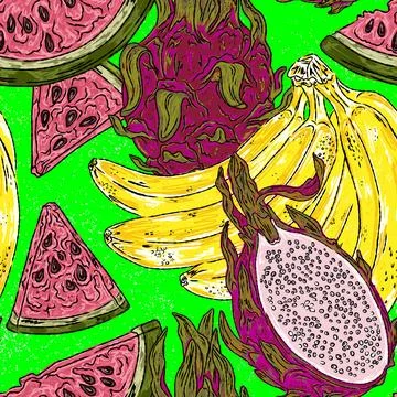 A tropical fruit pattern bananas, watermelon, and pitaya a hand drawn botanic Stock Illustration