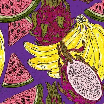 A tropical fruit pattern bananas, watermelon, and pitaya a hand drawn botanic Stock Illustration