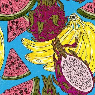 A tropical fruit pattern bananas, watermelon, and pitaya a hand drawn botanic イラスト素材