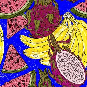 A tropical fruit pattern bananas, watermelon, and pitaya a hand drawn botanic Stock Illustration