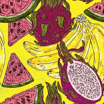 A tropical fruit pattern bananas, watermelon, and pitaya a hand drawn botanic Illustrazione stock