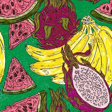 A tropical fruit pattern bananas, watermelon, and pitaya a hand drawn botanic Stock Illustration