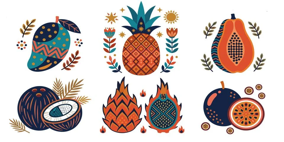 Tropical Fruit Pattern Folk Art Bundle Vector Illustration Stock Illustration