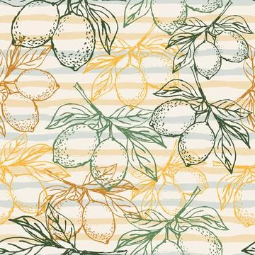 Tropical fruit pattern. Lemons with leaves on a striped background. Seamless Illustrazione stock