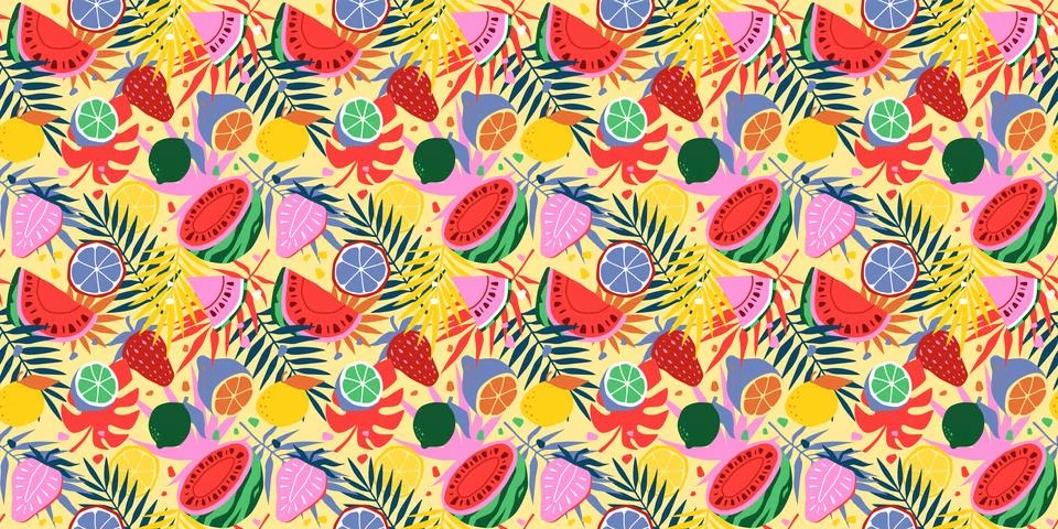 Tropical fruit pattern. Summer leaves, exotic background with watermelon, c.. Stock Illustration