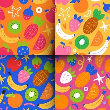 Tropical fruit patterns, banana fruit, kiwi, pineapple, strawberry, stylized Stock Illustration