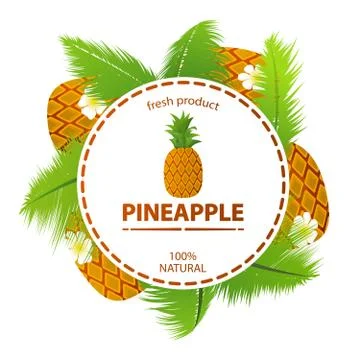 Tropical fruit pineapple and palm leaves around a circle label with text fres Stock Illustration