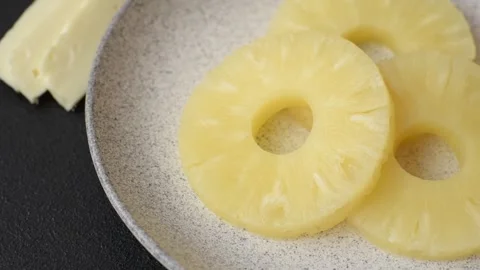 Tropical fruit pineapple in rings or slices tinned sweet Stock Footage 306474043