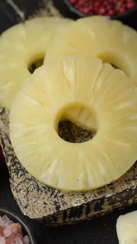 Tropical fruit pineapple in rings or slices tinned sweet Stock Footage 306474057