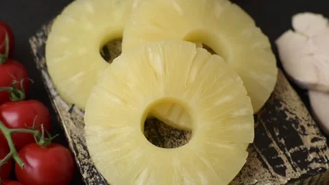 Tropical fruit pineapple in rings or slices tinned sweet Stock Footage 306474063