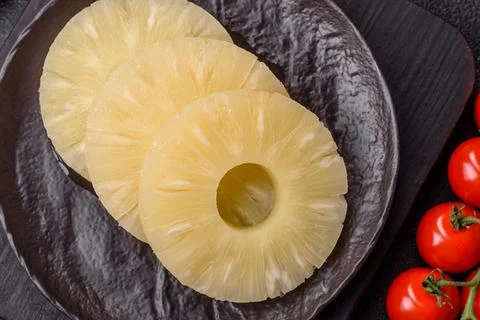 Tropical fruit pineapple in rings or slices tinned sweet Stock Photos