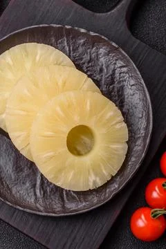 Tropical fruit pineapple in rings or slices tinned sweet Stock Photos