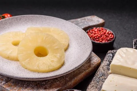 Tropical fruit pineapple in rings or slices tinned sweet Stock Photos