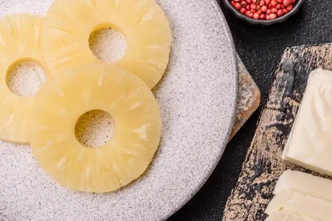 Tropical fruit pineapple in rings or slices tinned sweet Stock Photos