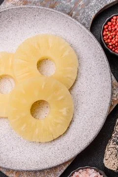 Tropical fruit pineapple in rings or slices tinned sweet Stock Photos